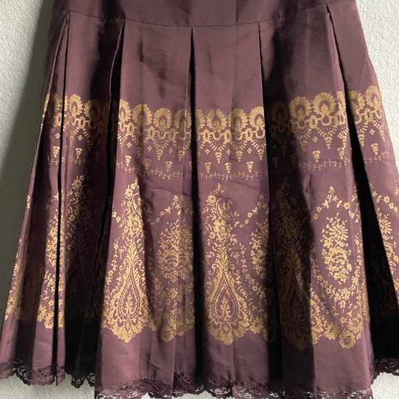 Anthropologie Odille Silk Blend Drop Waist Lace Trim Brown Gold Mod Midi Skirt 2 - Picture 5 of 13